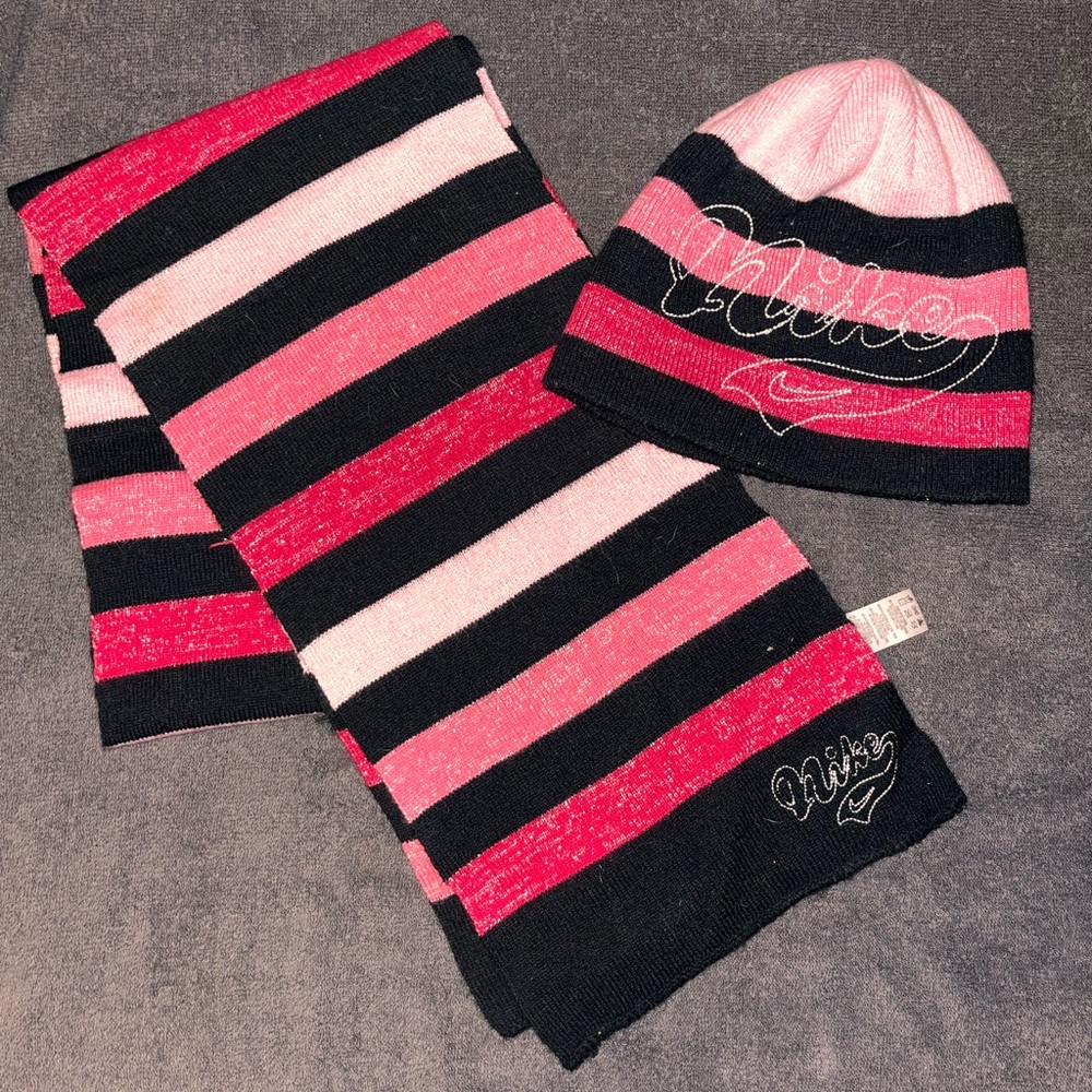 Nike Pink and Black Striped Knit Beanie and Scarf - Girls size 7-16